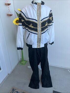 Vintage 80s Shiny Gold, Black, & White Two Piece Tracksuit Jacket & Pants Set